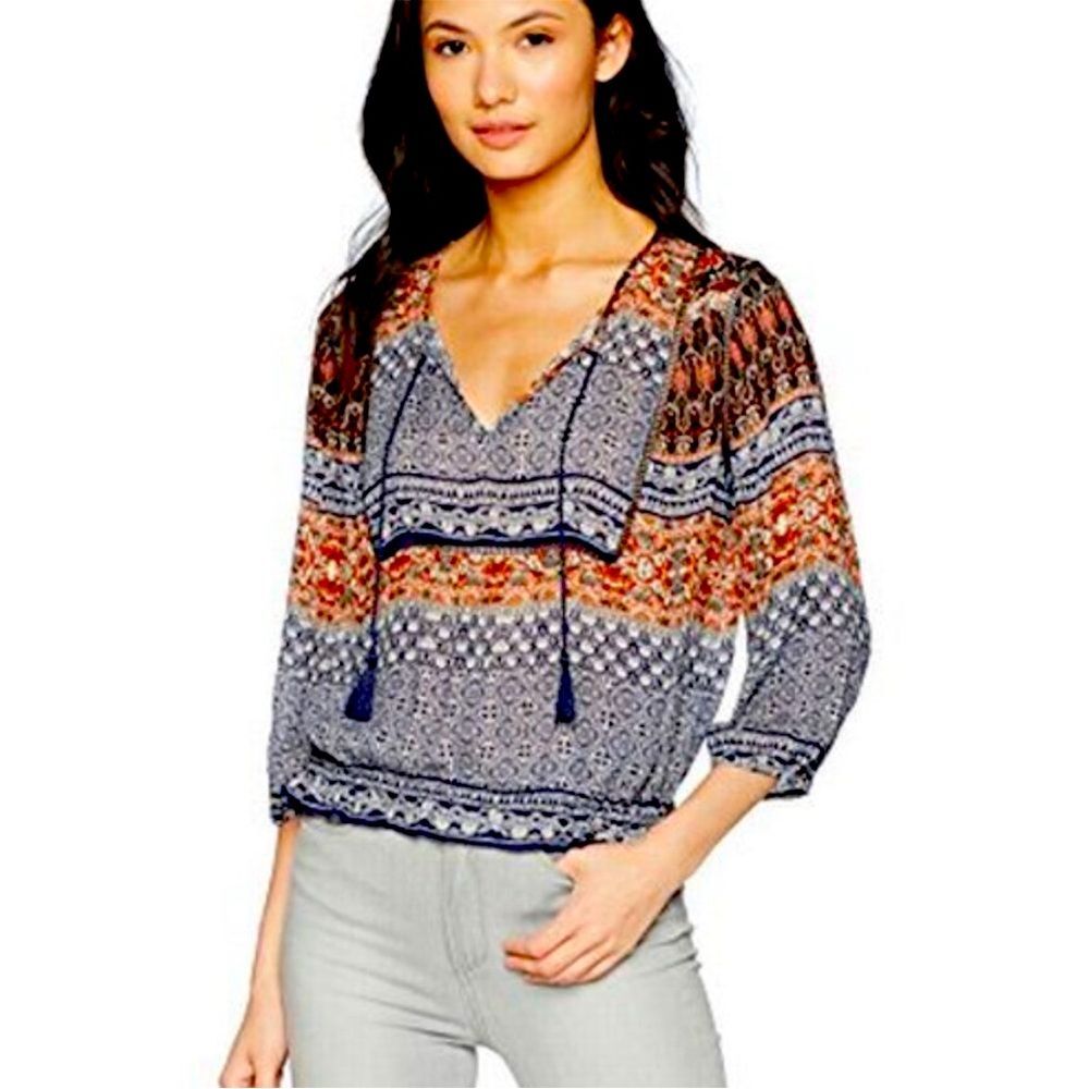 Lucky Brand Women's Border Print Top Multi Color Bohemian Size 2X